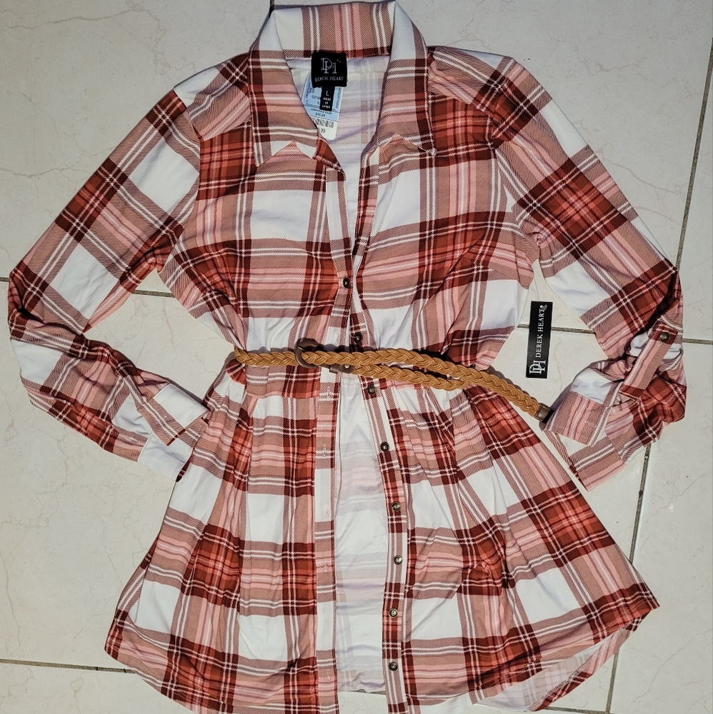 Derek Heart Pink and White Plaid Long Sleeve Shirt Dress